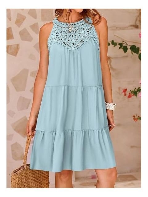 Lace Halter Tiered Mini Dress – Light Blue
