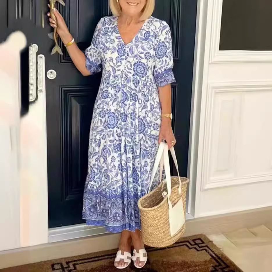Blue & White Floral Print Maxi Dress