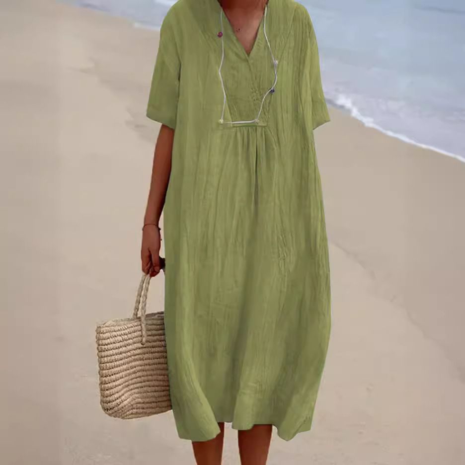 Sage Green Linen V-Neck Midi Dress