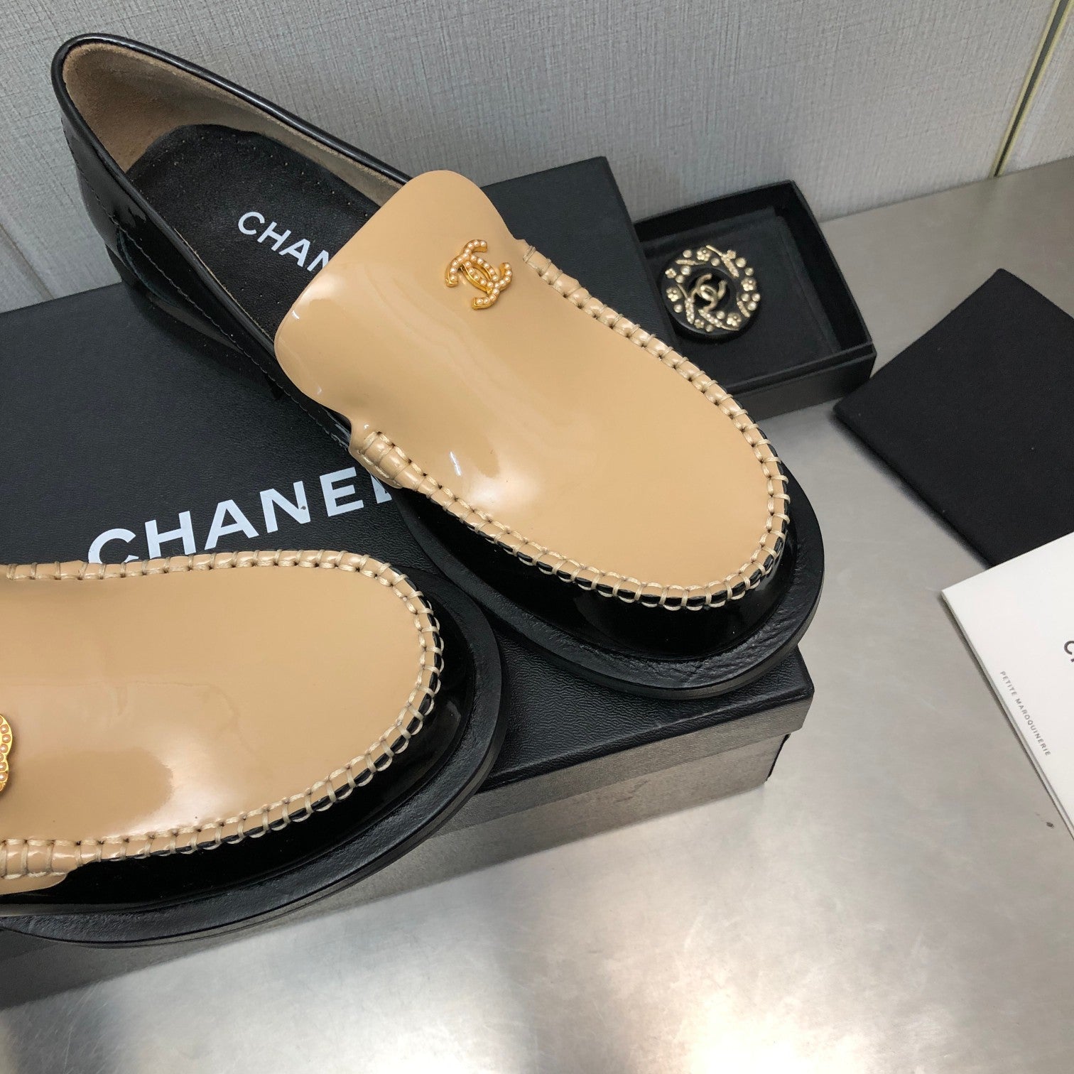 CHANEL Double C Beige Cream Loafers Sheepskin