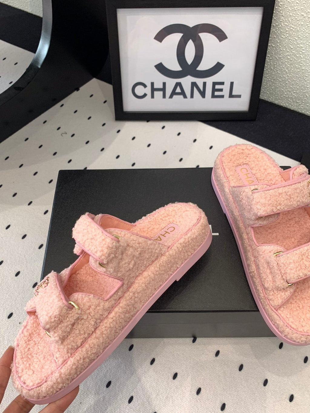 CHANEL DAD SANDAL MULE IN ROSE PINK LAMB FUR