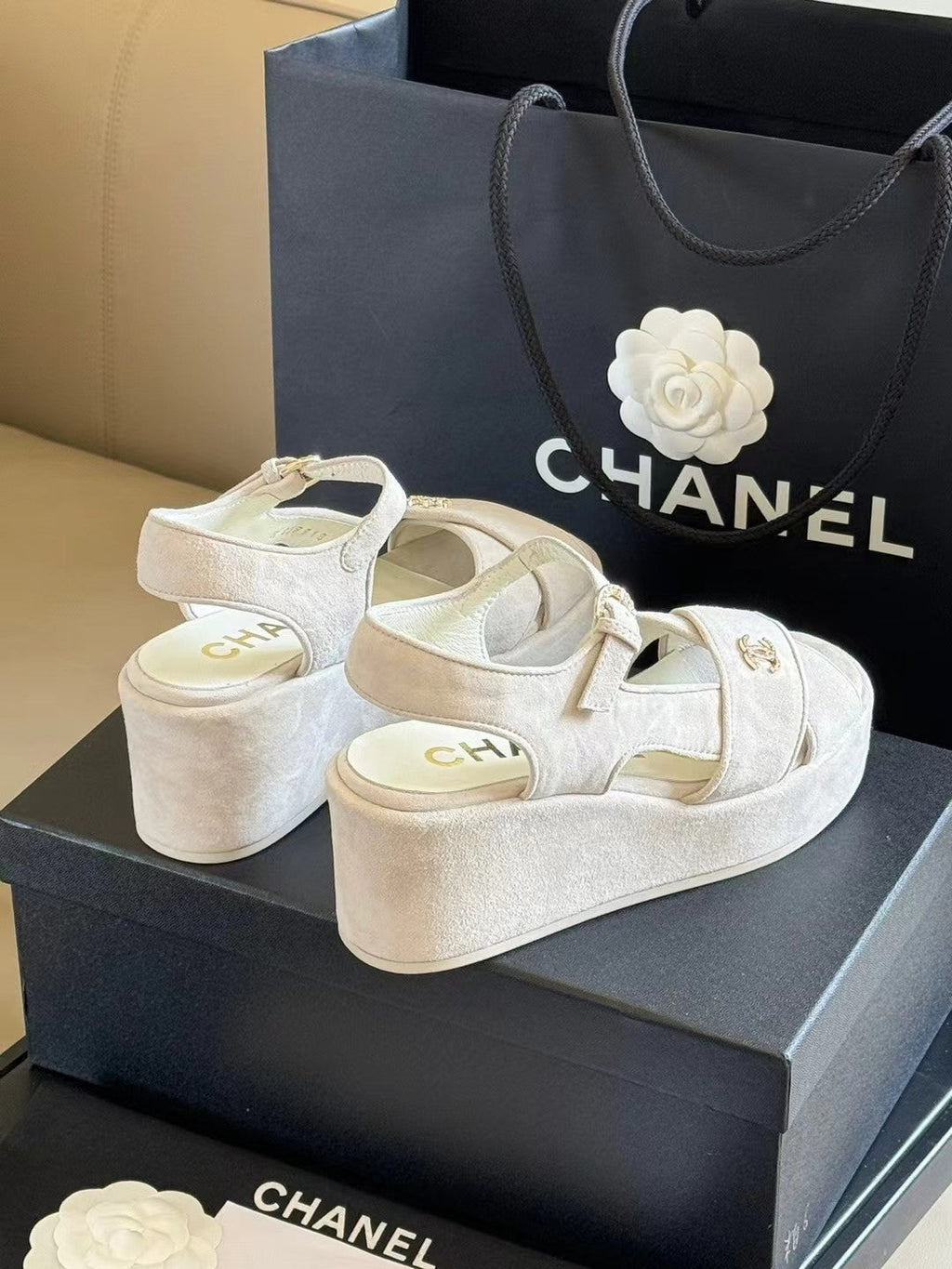 CHANEL CLASSIC WEDGE SANDALS IN WHITE LAMBSKIN SUEDE