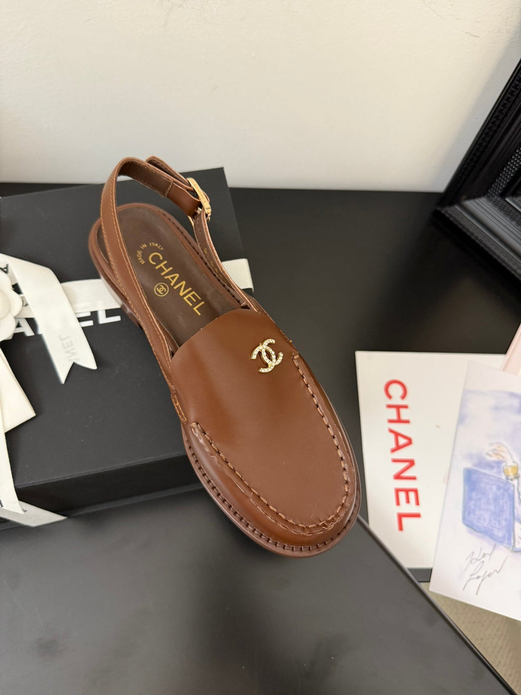 CHANEL 25C Slingback Loafer Brown Patent Leather