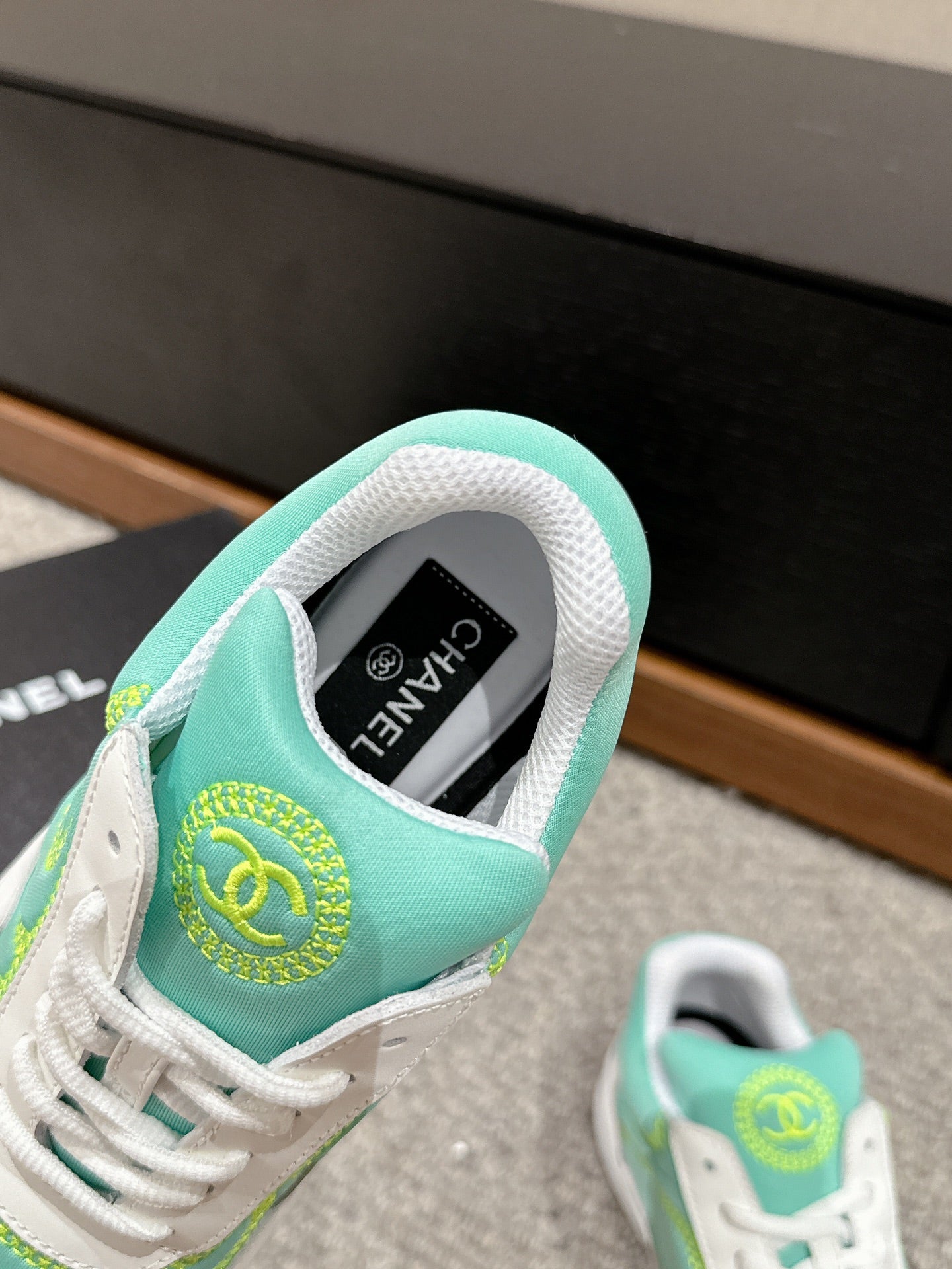 CHANEL CLASSIC TRAINER IN MINT GREEN MIX WHITE FABRIC