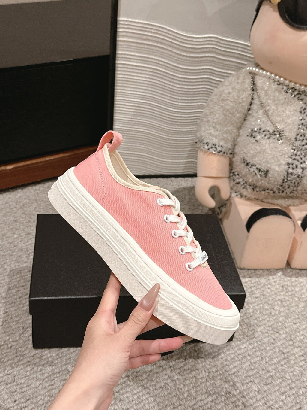 CHANEL LACE-UP SNEAKERS IN PASTEL PINK CANVAS