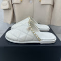 CHANEL White Lambskin Gold Chain Mules